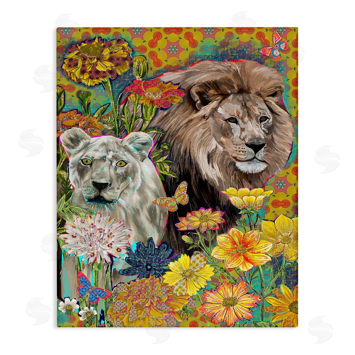 Sangita Bachelet Lion Couple Behind Tropical Florals Arabesque Pattern Canvas Wall Art