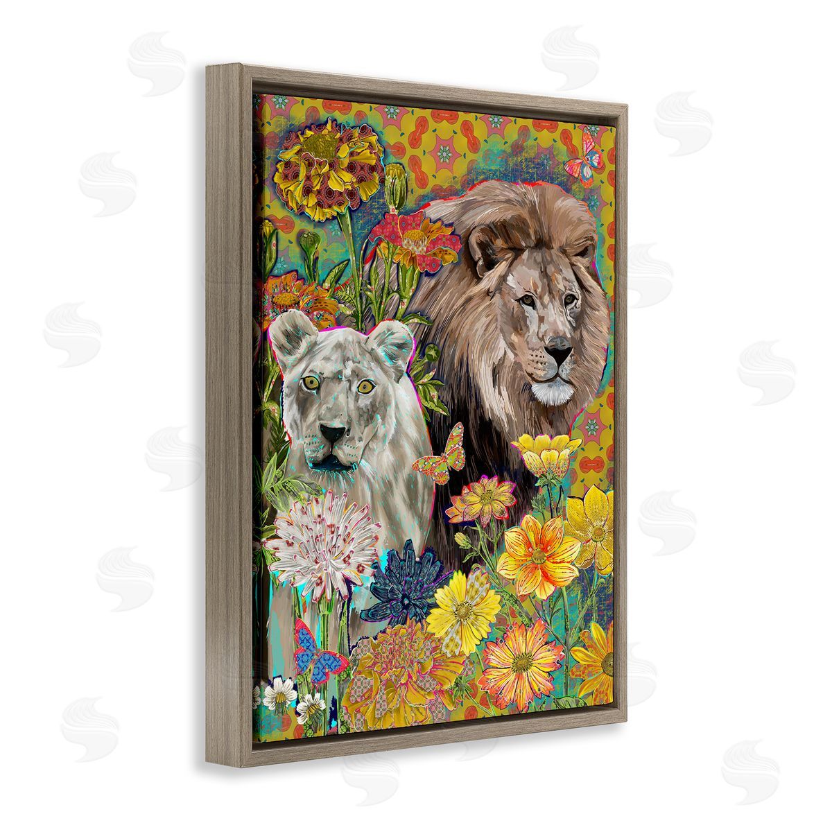Sangita Bachelet Lion Couple Behind Tropical Florals Arabesque Pattern Brown Floater Frame Canvas Art