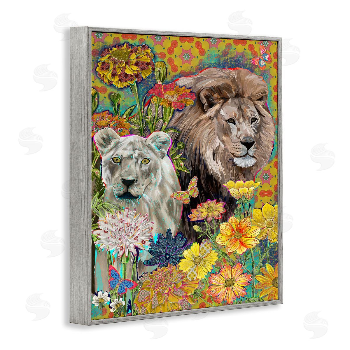 Sangita Bachelet Lion Couple Behind Tropical Florals Arabesque Pattern Gray Framed Giclee Wall Art