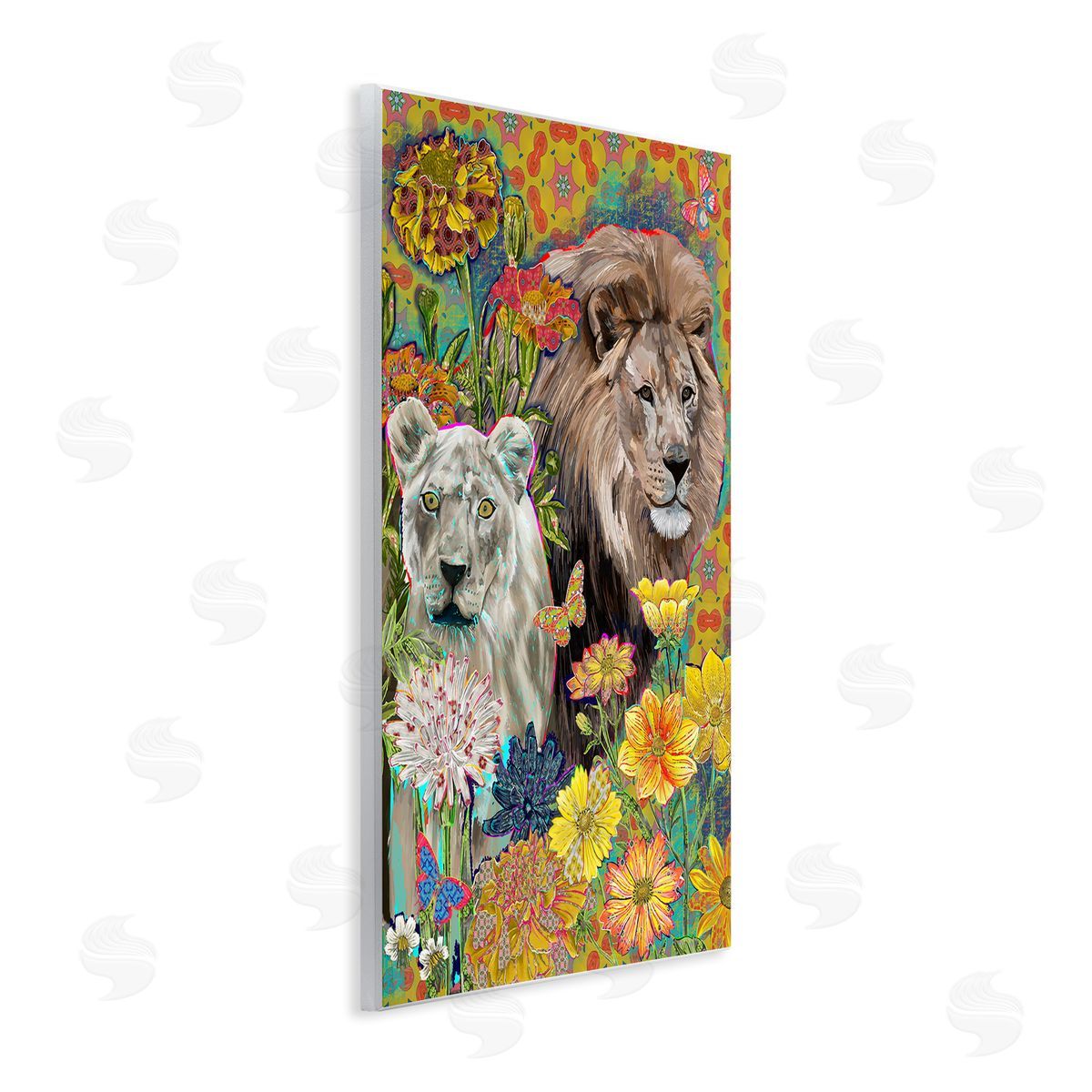 Sangita Bachelet Lion Couple Behind Tropical Florals Arabesque Pattern Wall Plaque Art