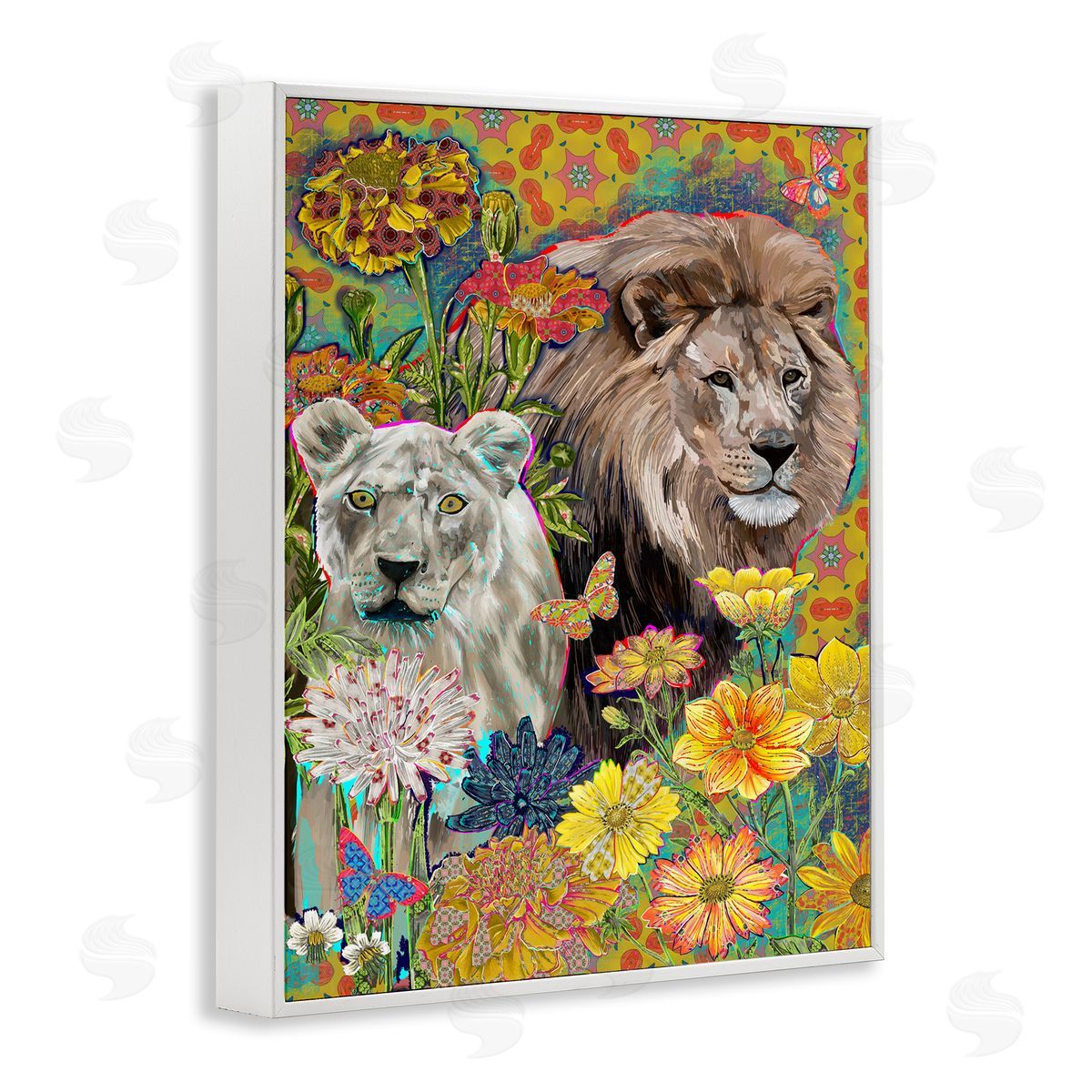 Sangita Bachelet Lion Couple Behind Tropical Florals Arabesque Pattern White Framed Giclee Wall Art