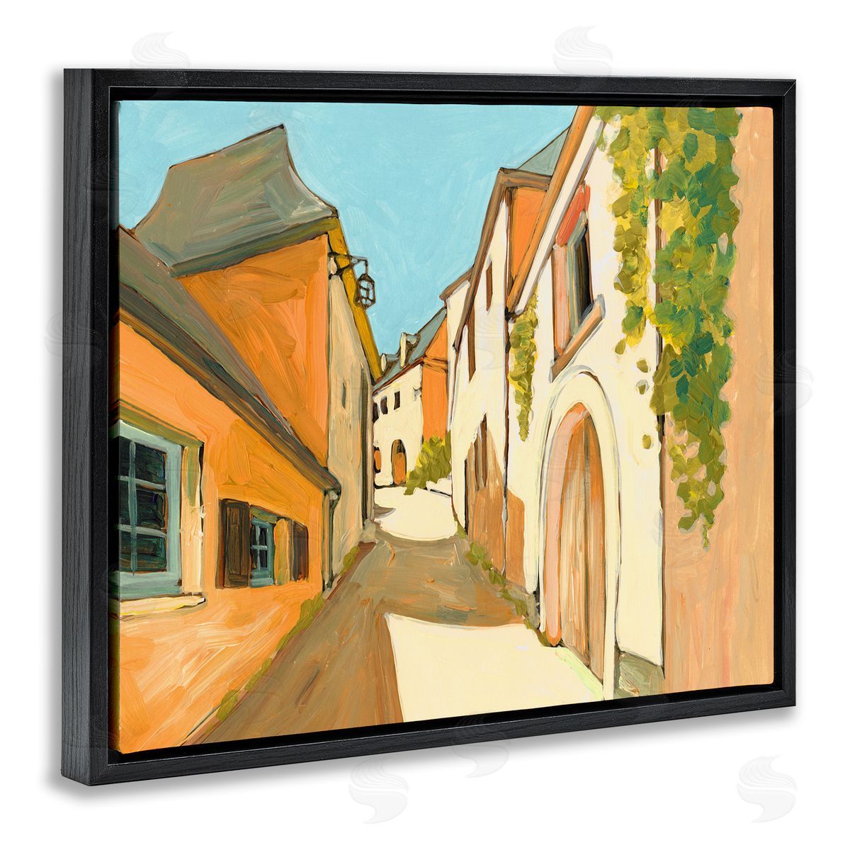 Bart E. Slyp Shadows Between Buildings European Country Road Black Floater Frame Canvas Art