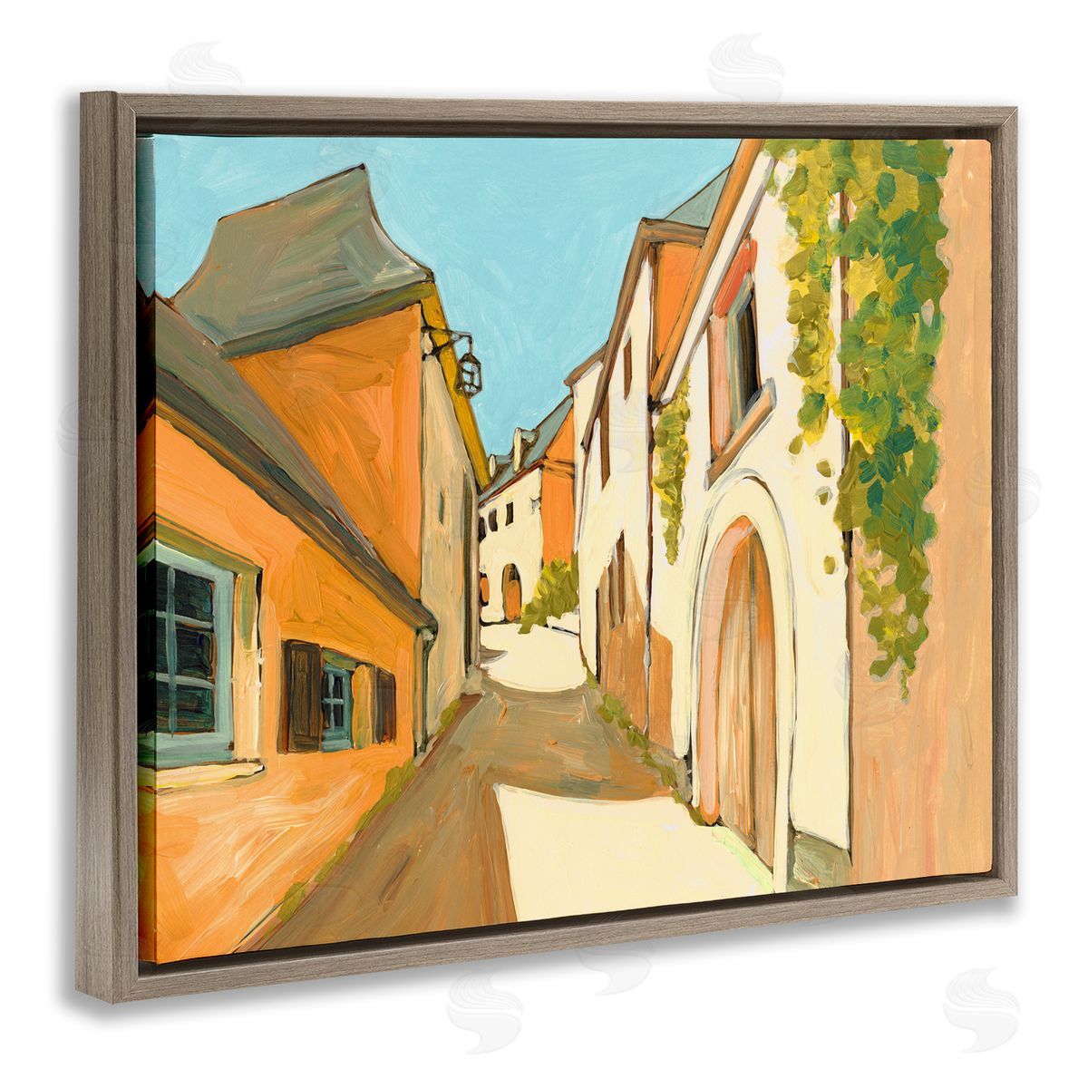 Bart E. Slyp Shadows Between Buildings European Country Road Brown Floater Frame Canvas Art