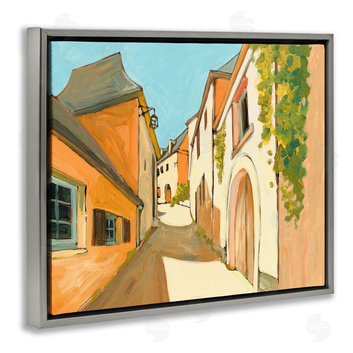 Bart E. Slyp Shadows Between Buildings European Country Road Gray Floater Frame Canvas Art