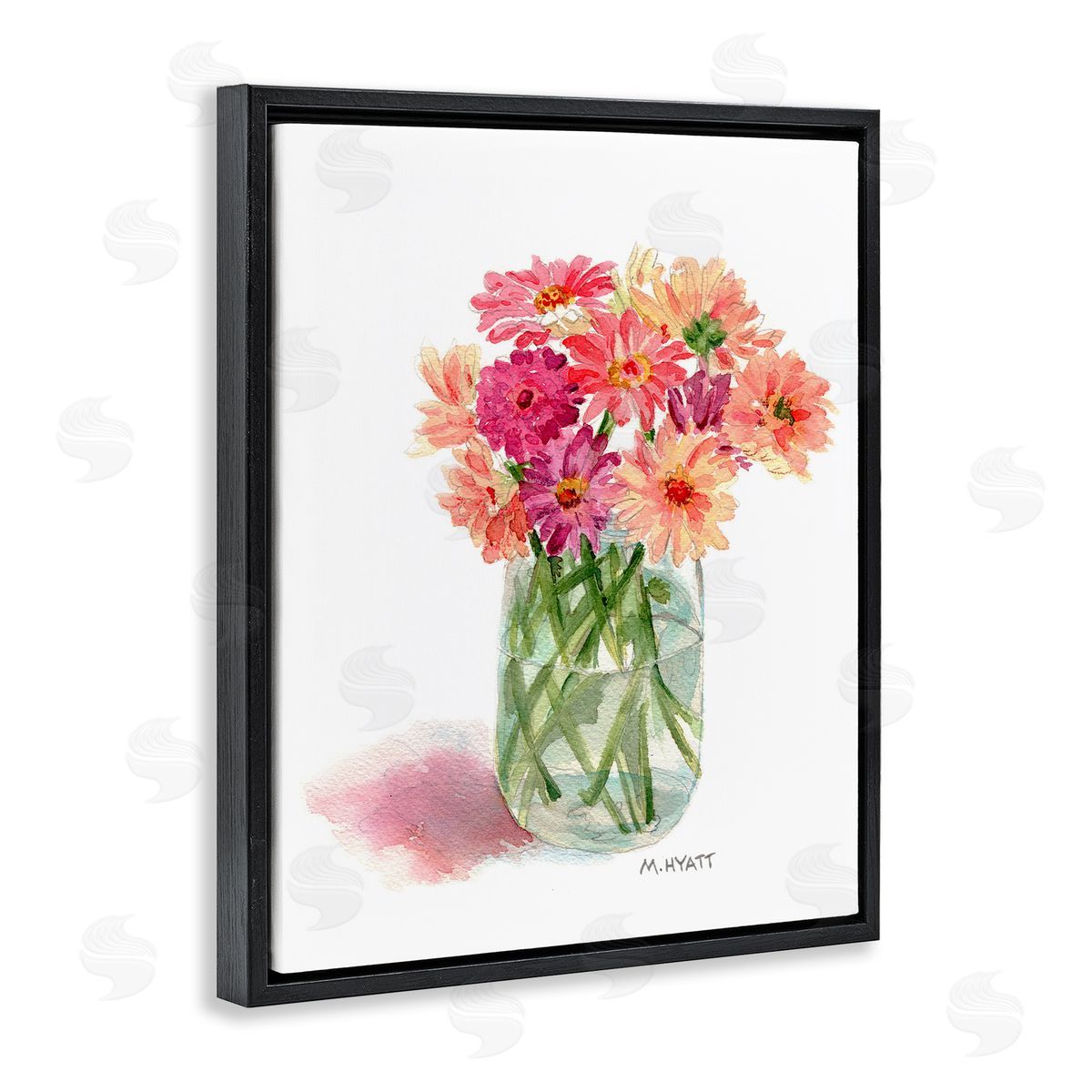 Melissa Hyatt Pink Daisy Watercolor Bouquet in Canning Jar Black Floater Frame Canvas Art