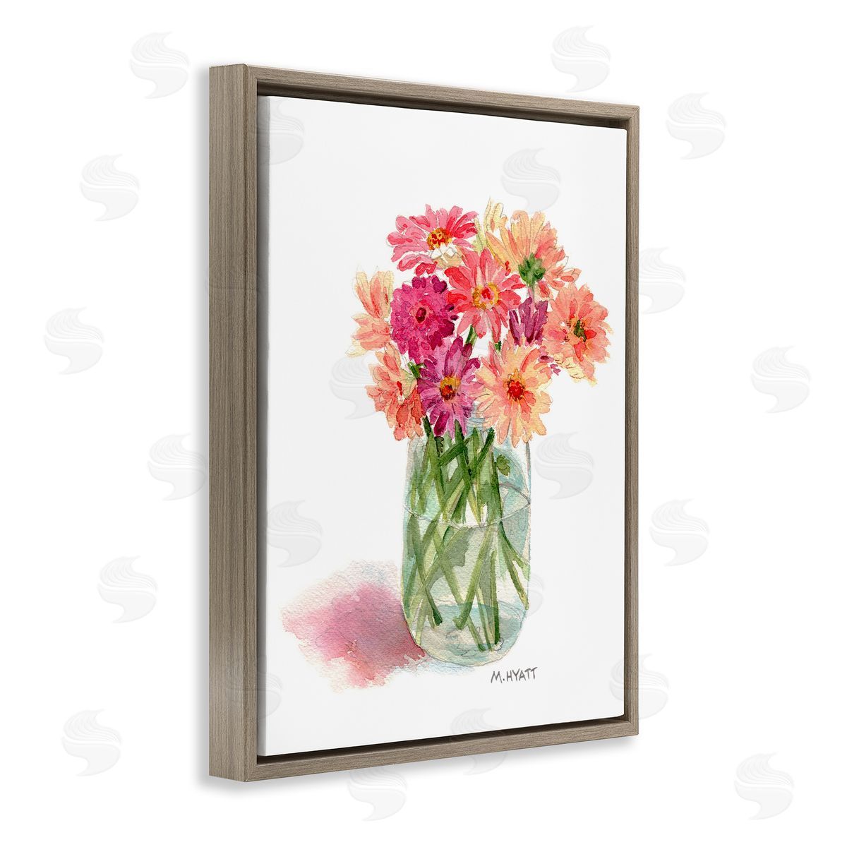 Melissa Hyatt Pink Daisy Watercolor Bouquet in Canning Jar Brown Floater Frame Canvas Art