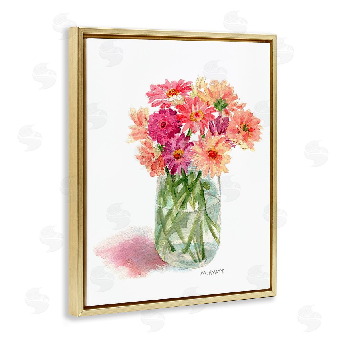 Melissa Hyatt Pink Daisy Watercolor Bouquet in Canning Jar Gold Floater Frame Canvas Art
