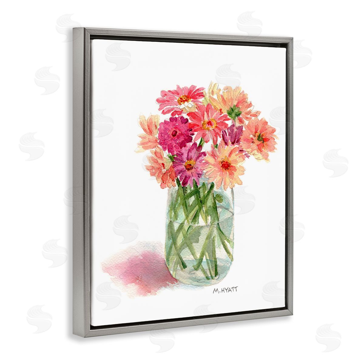 Melissa Hyatt Pink Daisy Watercolor Bouquet in Canning Jar Gray Floater Frame Canvas Art