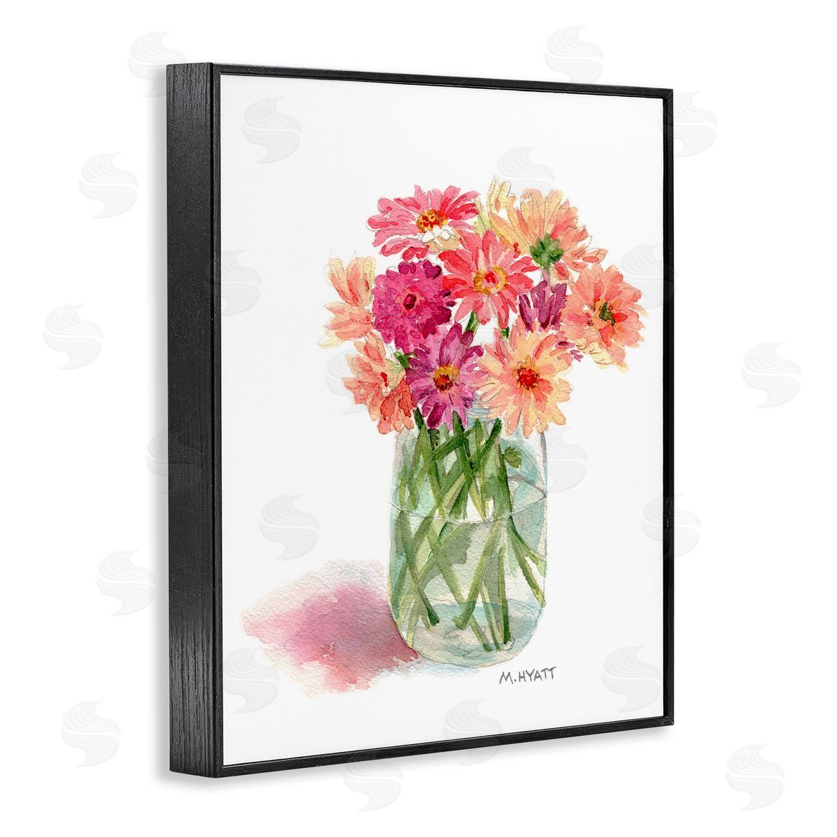 Melissa Hyatt Pink Daisy Watercolor Bouquet in Canning Jar Black Framed Giclee Wall Art
