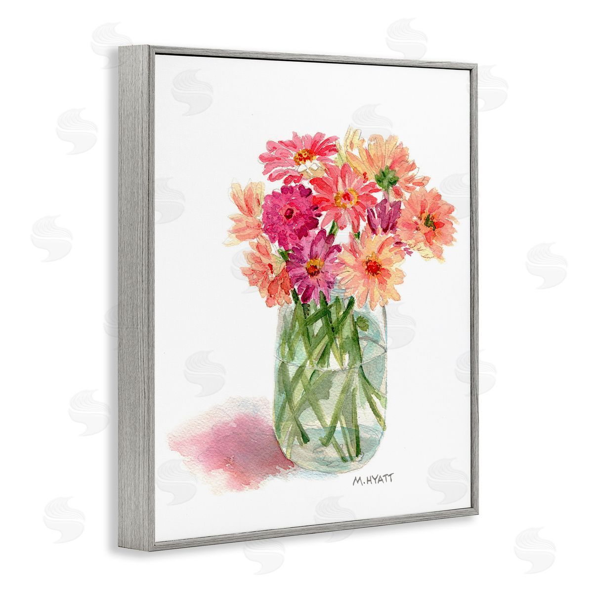 Melissa Hyatt Pink Daisy Watercolor Bouquet in Canning Jar Gray Framed Giclee Wall Art