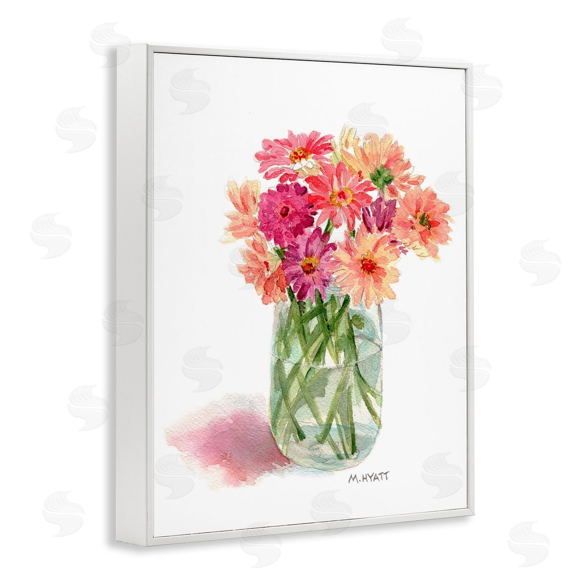 Melissa Hyatt Pink Daisy Watercolor Bouquet in Canning Jar White Framed Giclee Wall Art