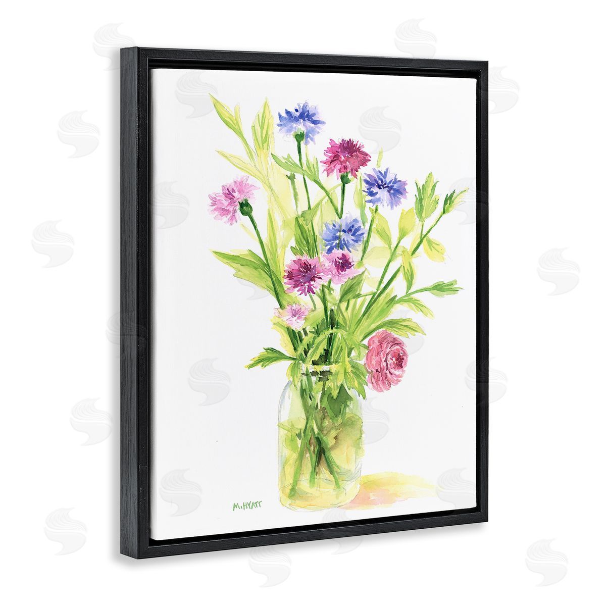 Melissa Hyatt Bouquet of Wildflowers Soft Green Purple Blue Watercolor Black Floater Frame Canvas Art