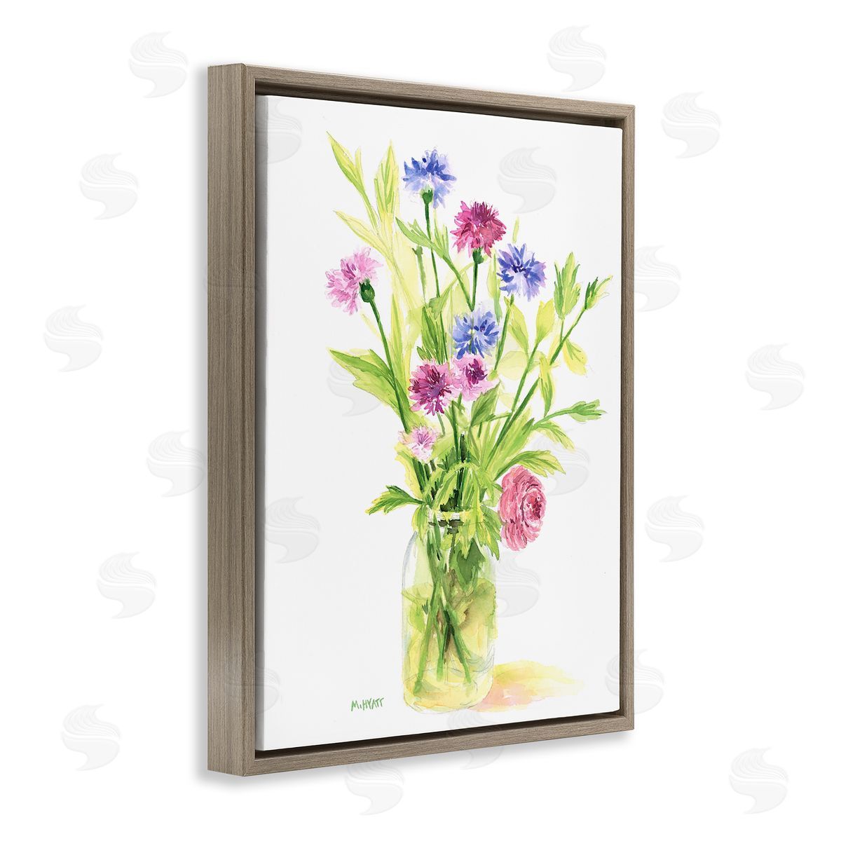 Melissa Hyatt Bouquet of Wildflowers Soft Green Purple Blue Watercolor Brown Floater Frame Canvas Art