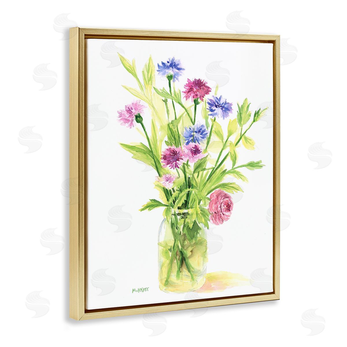 Melissa Hyatt Bouquet of Wildflowers Soft Green Purple Blue Watercolor Gold Floater Frame Canvas Art