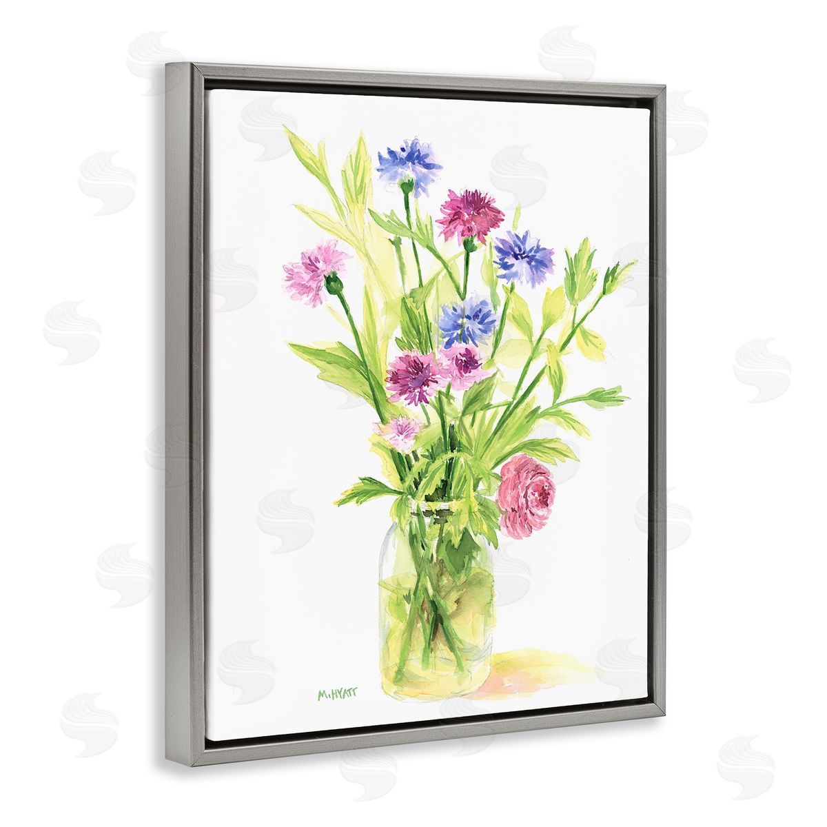 Melissa Hyatt Bouquet of Wildflowers Soft Green Purple Blue Watercolor Gray Floater Frame Canvas Art