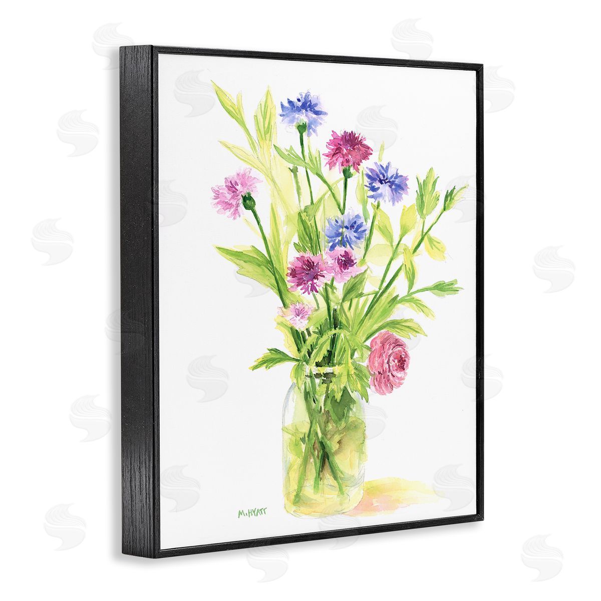 Melissa Hyatt Bouquet of Wildflowers Soft Green Purple Blue Watercolor Black Framed Giclee Wall Art