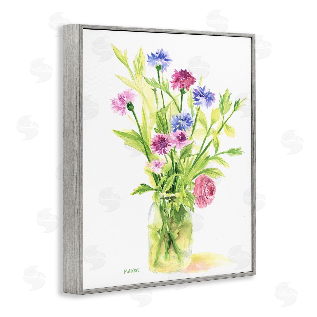 Melissa Hyatt Bouquet of Wildflowers Soft Green Purple Blue Watercolor Gray Framed Giclee Wall Art