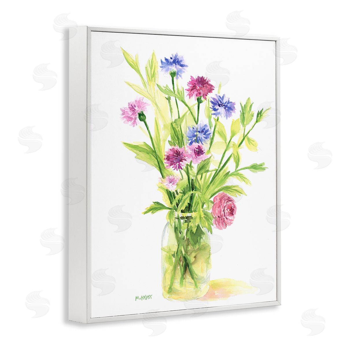 Melissa Hyatt Bouquet of Wildflowers Soft Green Purple Blue Watercolor White Framed Giclee Wall Art