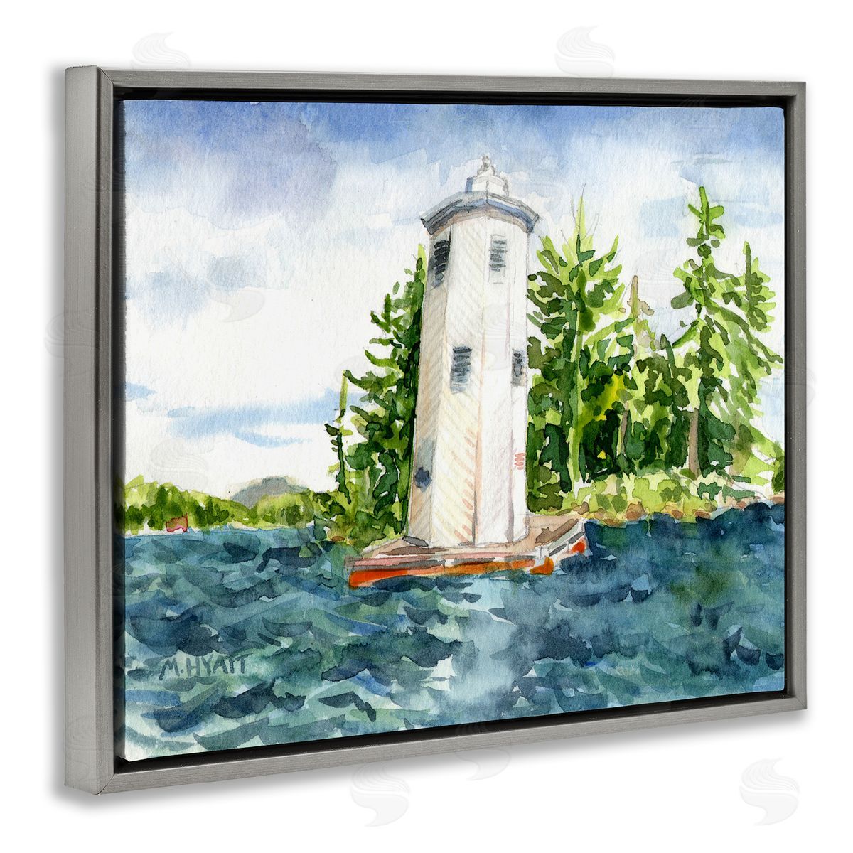 Melissa Hyatt Cove Side Lighthouse Rustic Lake Landscape Gray Floater Frame Canvas Art
