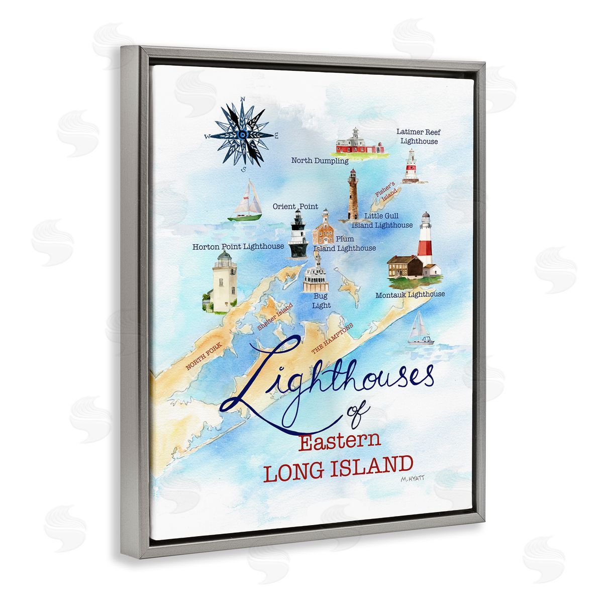 Melissa Hyatt Nautical Map of Eastern Long Island Lighthouses  Gray Floater Frame Canvas Art