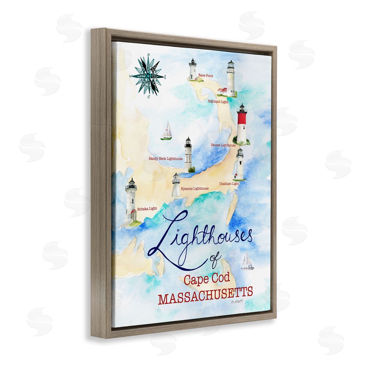 Melissa Hyatt Coastal Map of Cape Cod Massachusetts Lighthouses Brown Floater Frame Canvas Art