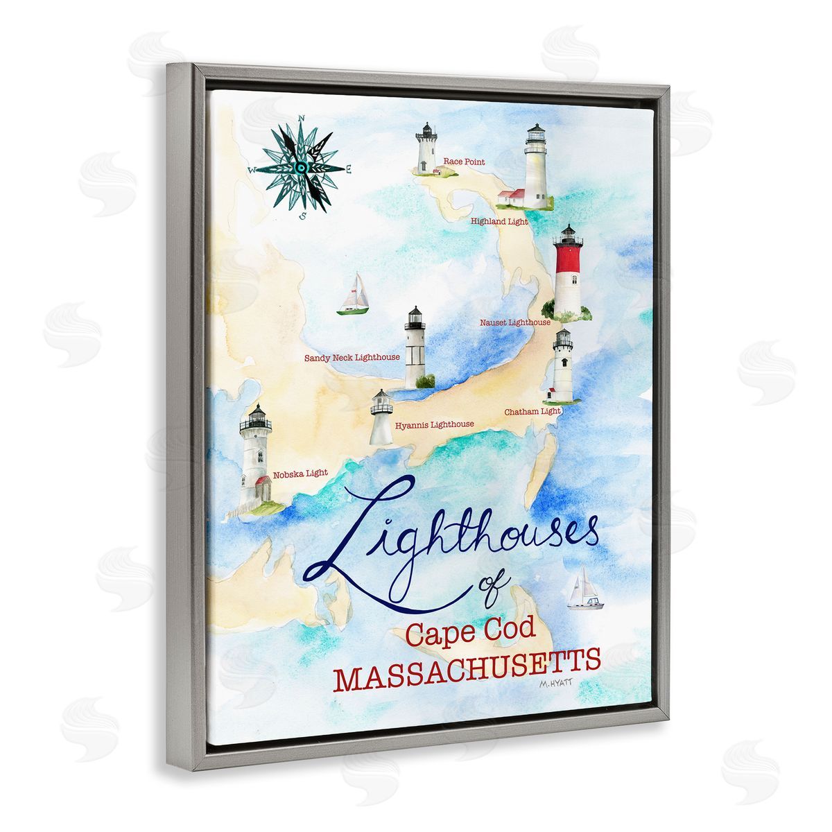 Melissa Hyatt Coastal Map of Cape Cod Massachusetts Lighthouses Gray Floater Frame Canvas Art