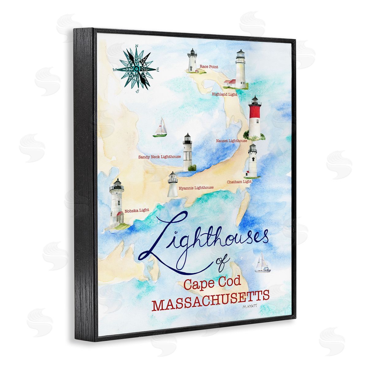 Melissa Hyatt Coastal Map of Cape Cod Massachusetts Lighthouses Black Framed Giclee Wall Art