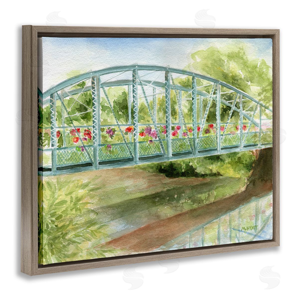 Melissa Hyatt Floral Road Bridge over Countryside Creek Brown Floater Frame Canvas Art