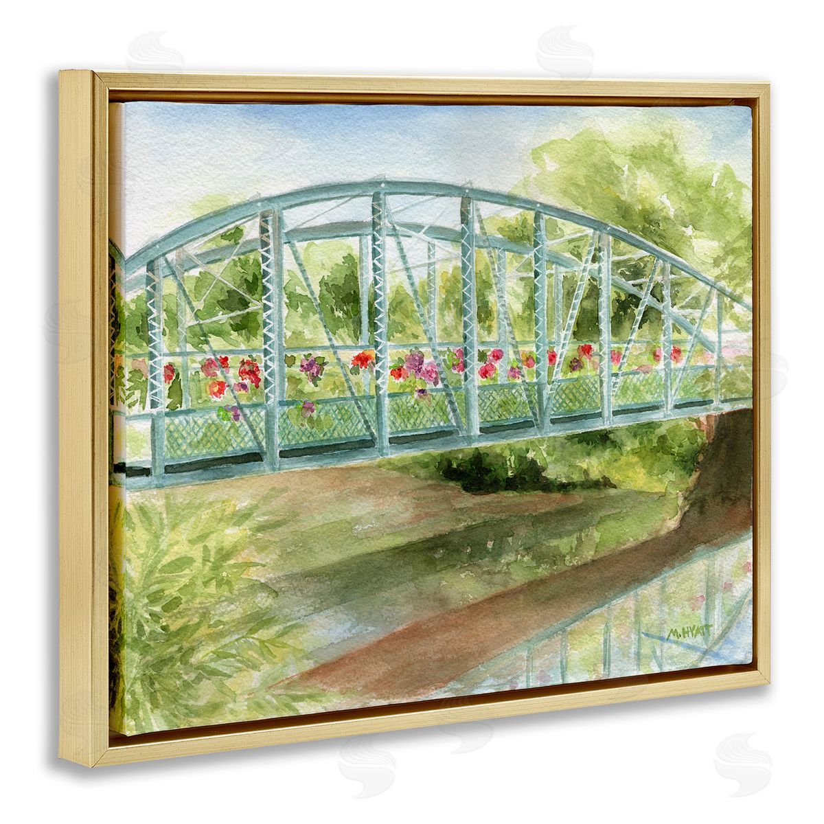 Melissa Hyatt Floral Road Bridge over Countryside Creek Gold Floater Frame Canvas Art