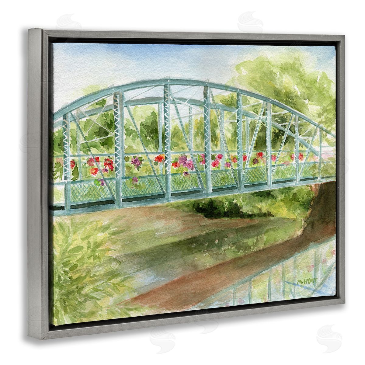 Melissa Hyatt Floral Road Bridge over Countryside Creek Gray Floater Frame Canvas Art