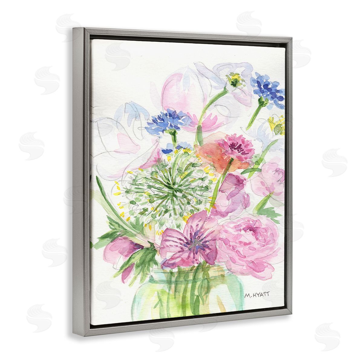 Melissa Hyatt Assorted Spring Floral Bouquet in Canning Jar Gray Floater Frame Canvas Art
