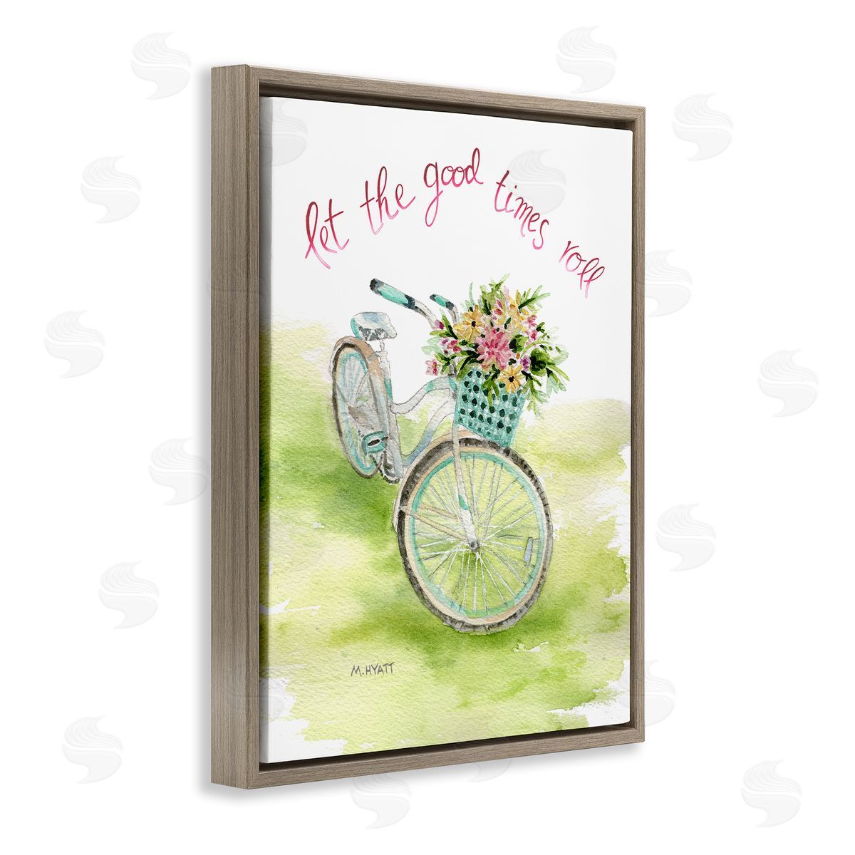 Melissa Hyatt Let Good Times Roll Phrase Blue Floral Bike Brown Floater Frame Canvas Art