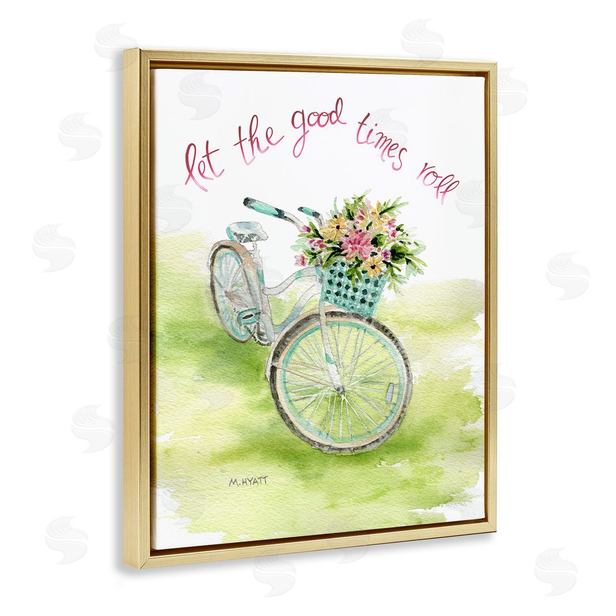 Melissa Hyatt Let Good Times Roll Phrase Blue Floral Bike Gold Floater Frame Canvas Art