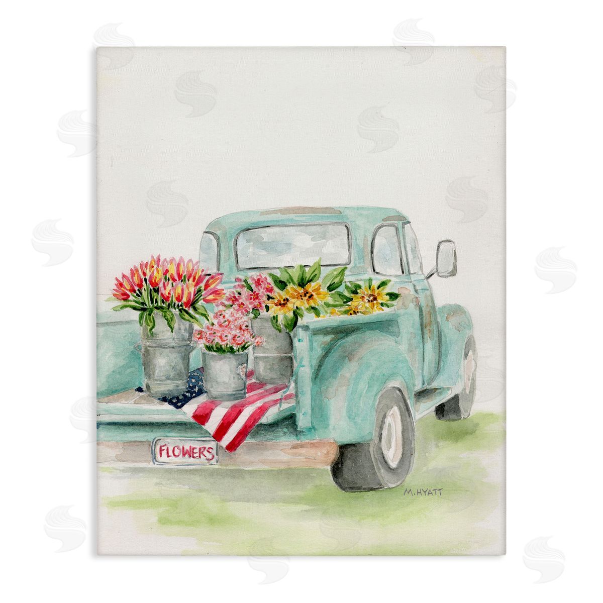 Melissa Hyatt Vintage Blue Pick-Up Truck Floral Farm Bouquets Canvas Wall Art