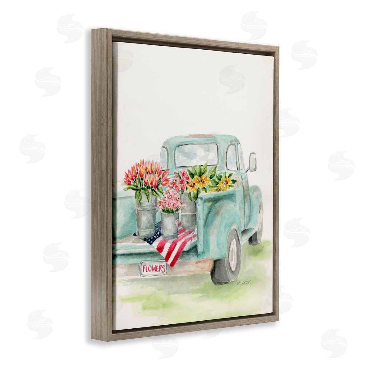 Melissa Hyatt Vintage Blue Pick-Up Truck Floral Farm Bouquets Brown Floater Frame Canvas Art