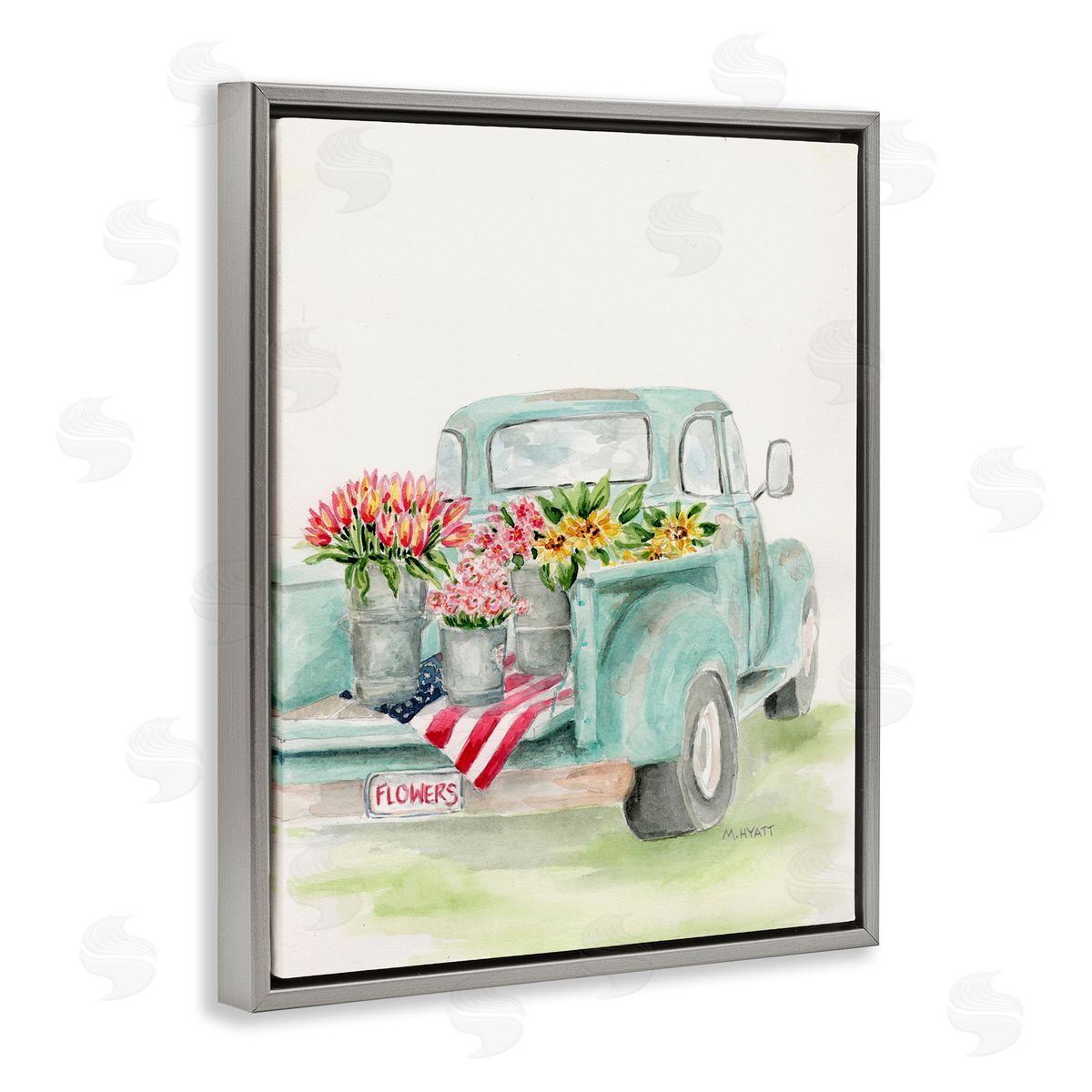 Melissa Hyatt Vintage Blue Pick-Up Truck Floral Farm Bouquets Gray Floater Frame Canvas Art