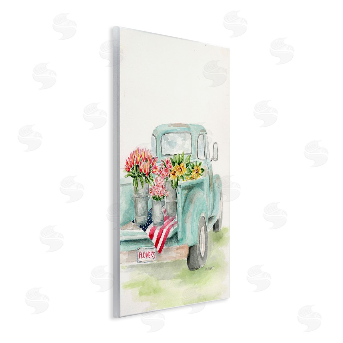 Melissa Hyatt Vintage Blue Pick-Up Truck Floral Farm Bouquets Wall Plaque Art