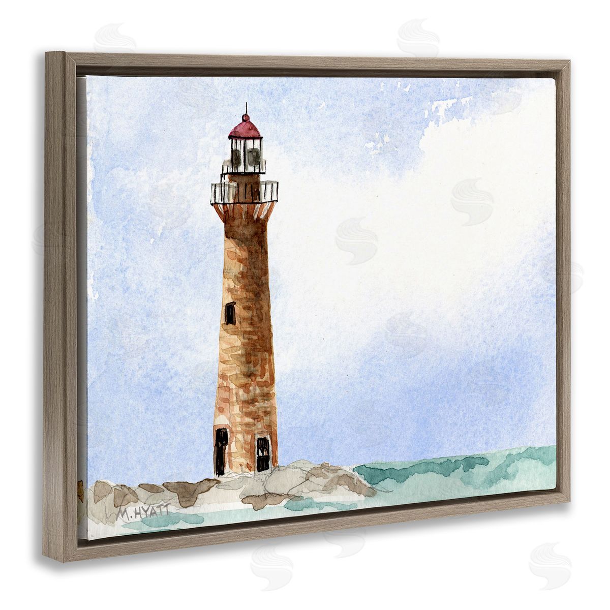 Melissa Hyatt Coastal Little Gull Lighthouse Soft Watercolor Seascape Brown Floater Frame Canvas Art