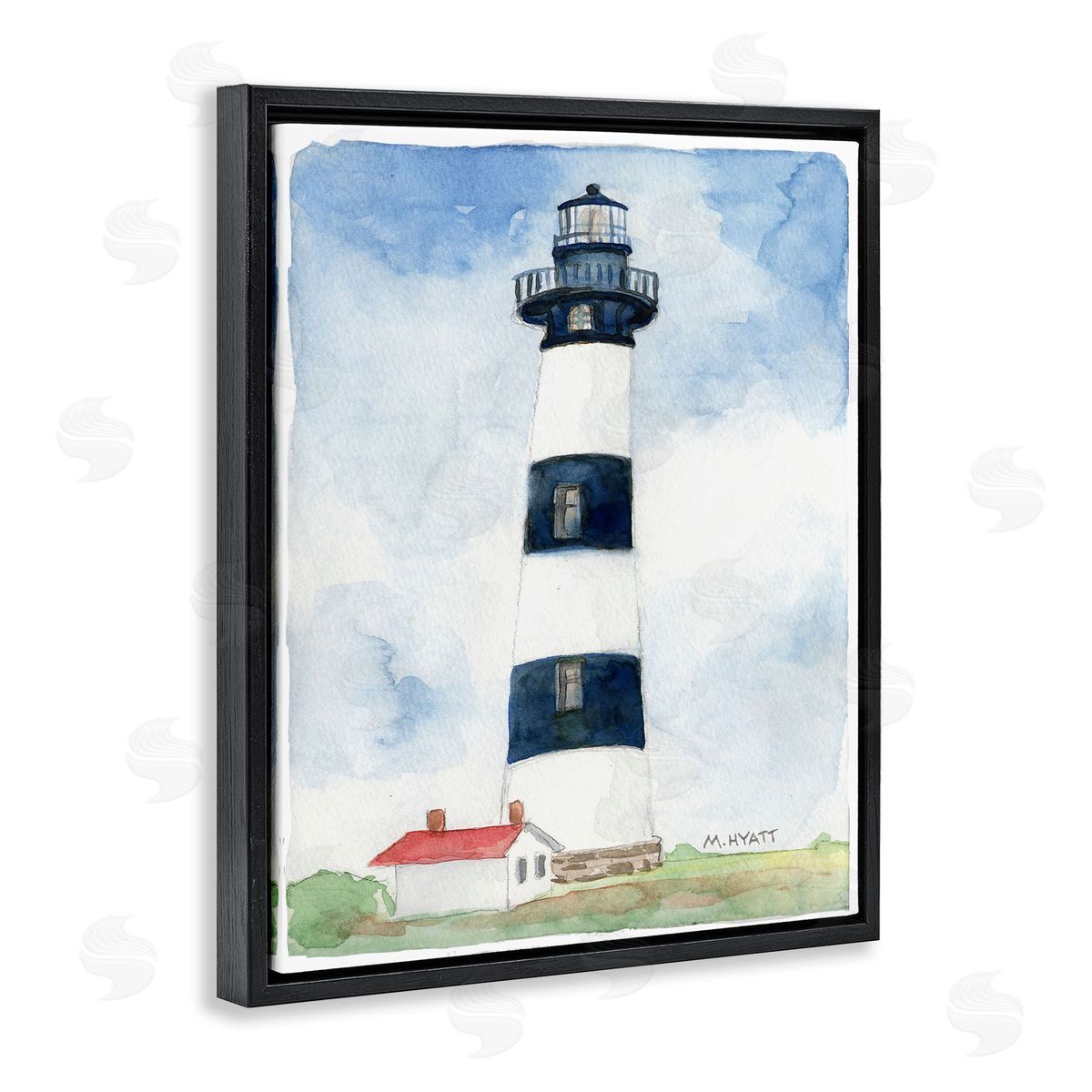 Melissa Hyatt Black Striped Lighthouse with Quaint Cabin Black Floater Frame Canvas Art