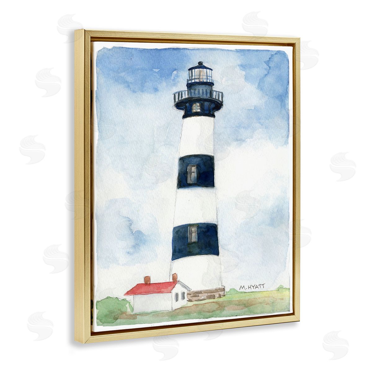 Melissa Hyatt Black Striped Lighthouse with Quaint Cabin Gold Floater Frame Canvas Art