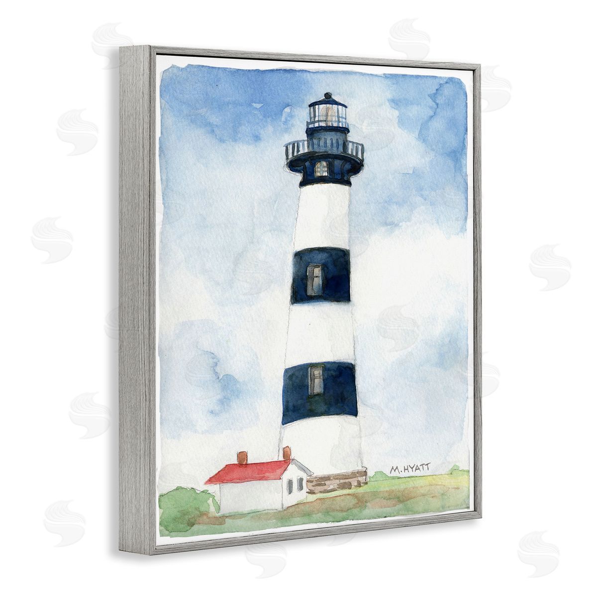 Melissa Hyatt Black Striped Lighthouse with Quaint Cabin Gray Framed Giclee Wall Art
