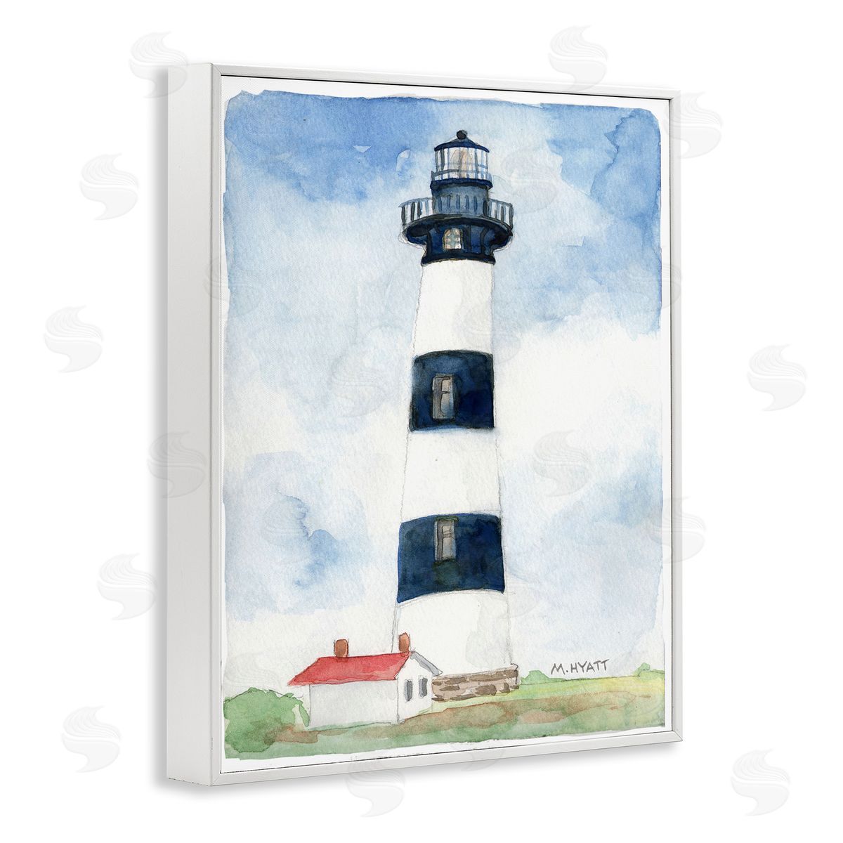 Melissa Hyatt Black Striped Lighthouse with Quaint Cabin White Framed Giclee Wall Art