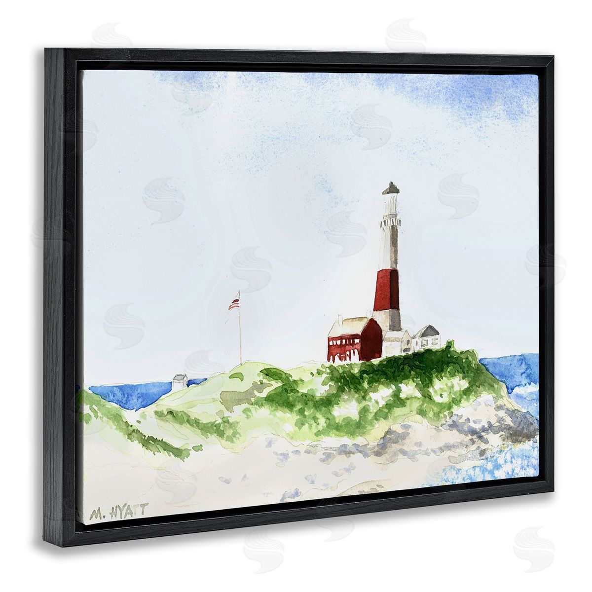 Melissa Hyatt Red Striped Lighthouse on Coastal Cliff Black Floater Frame Canvas Art