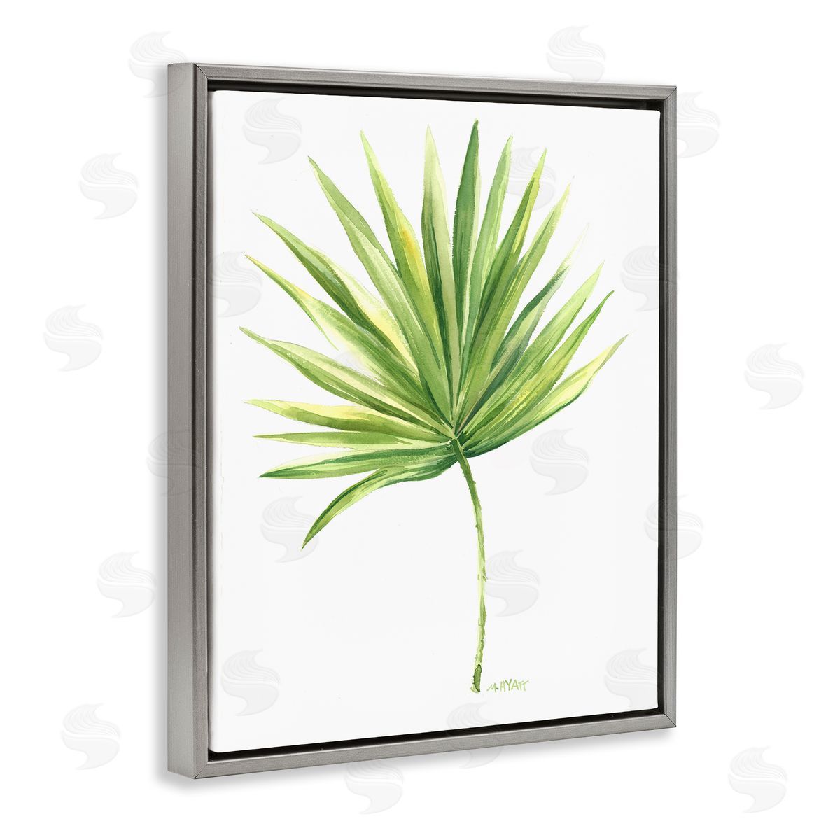 Melissa Hyatt Tropical Green Palm Fan Minimal on White Gray Floater Frame Canvas Art