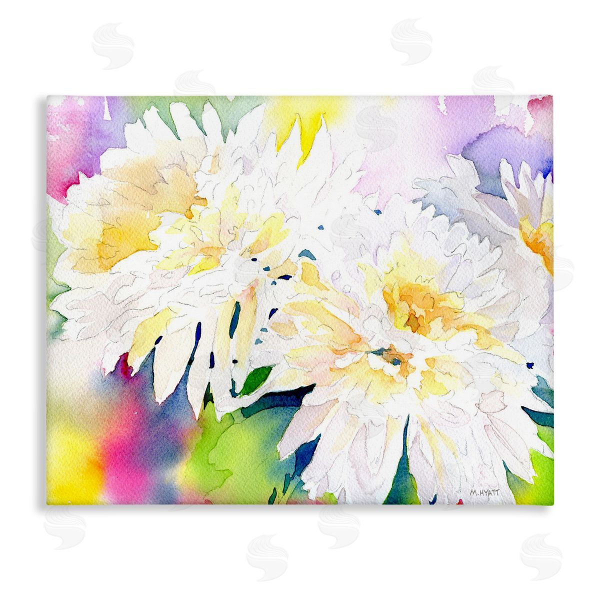 Melissa Hyatt White Mum Florals over Rainbow Watercolor Canvas Wall Art