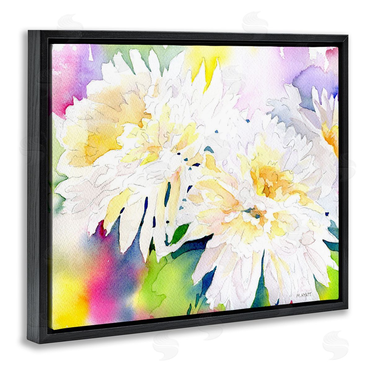 Melissa Hyatt White Mum Florals over Rainbow Watercolor Black Floater Frame Canvas Art