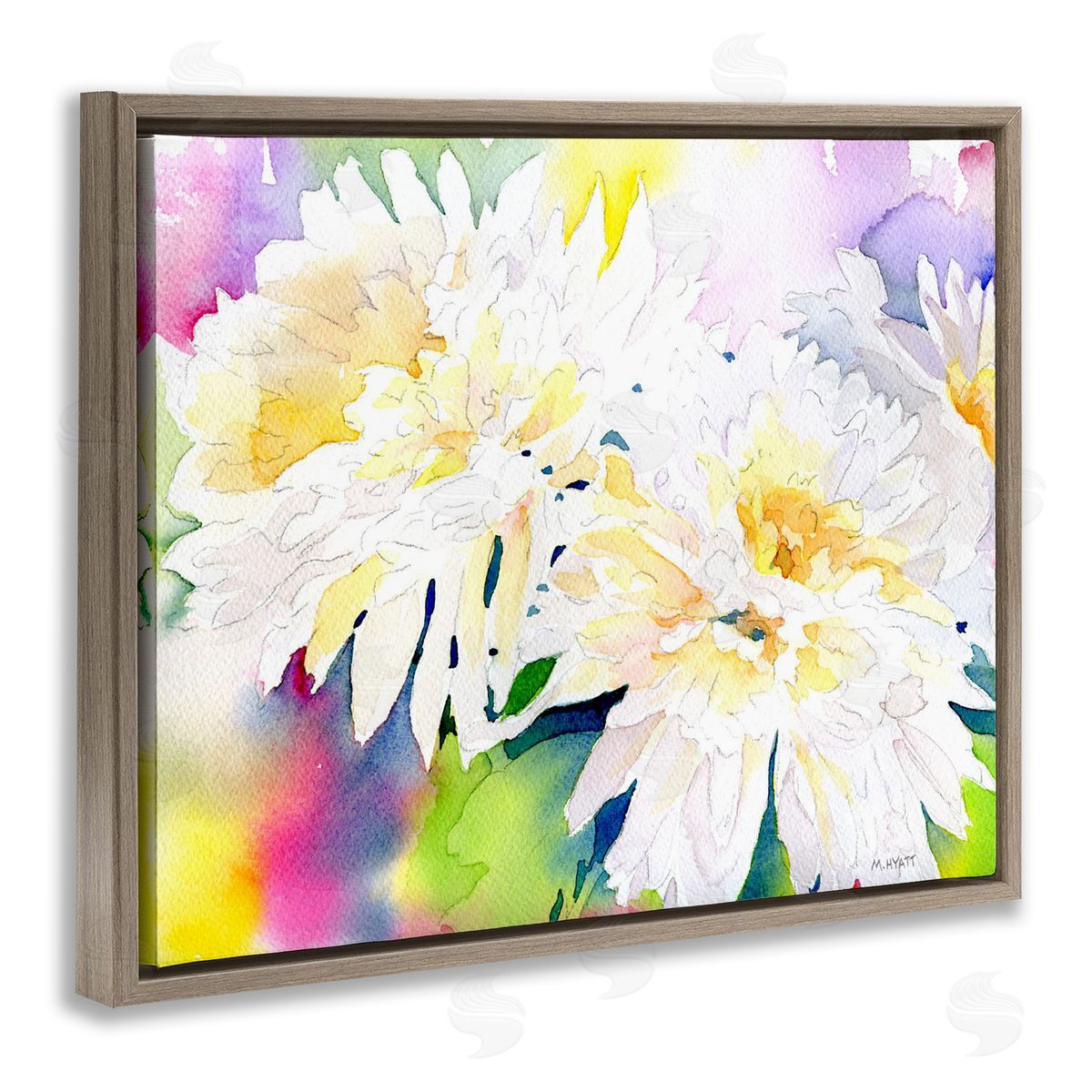 Melissa Hyatt White Mum Florals over Rainbow Watercolor Brown Floater Frame Canvas Art