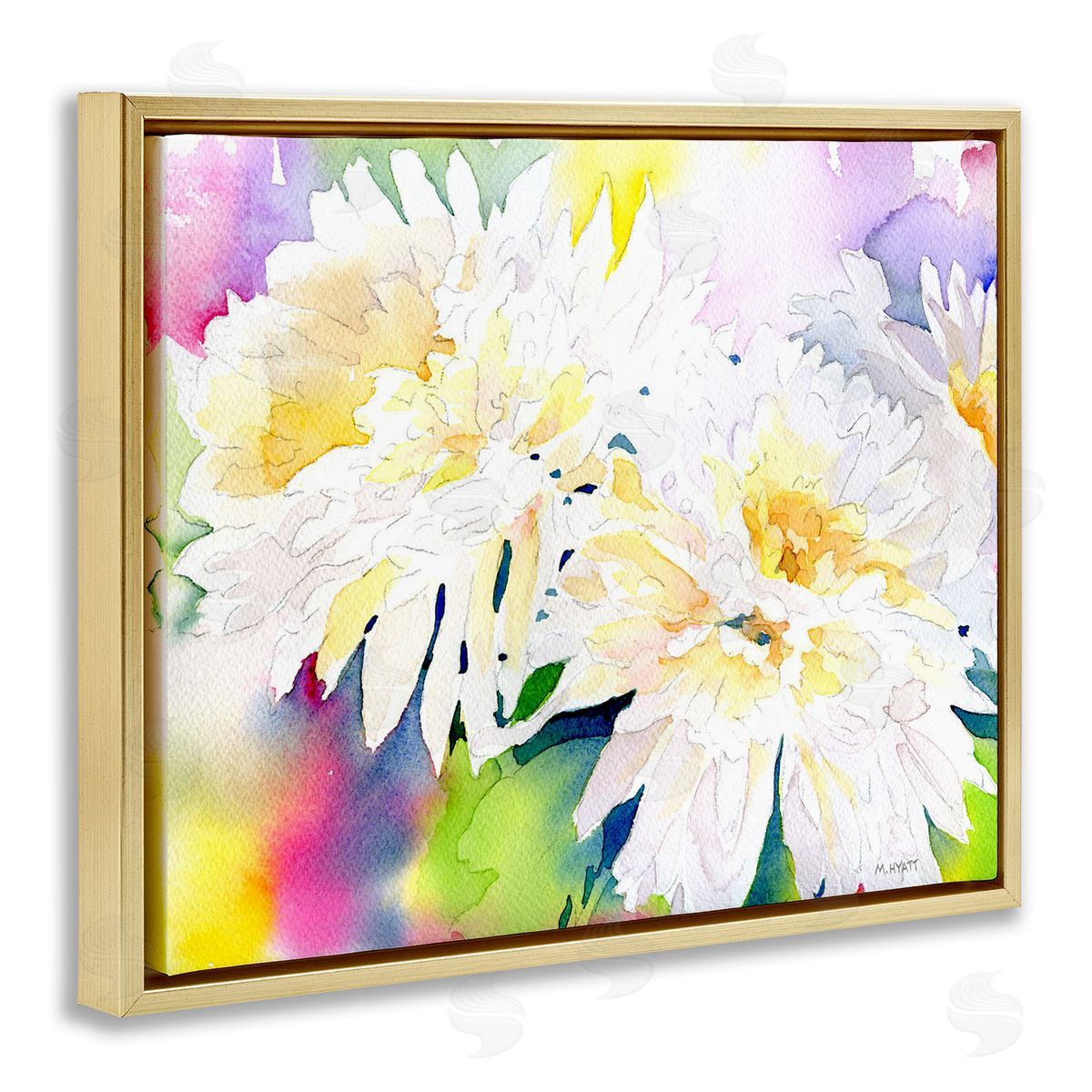 Melissa Hyatt White Mum Florals over Rainbow Watercolor Gold Floater Frame Canvas Art