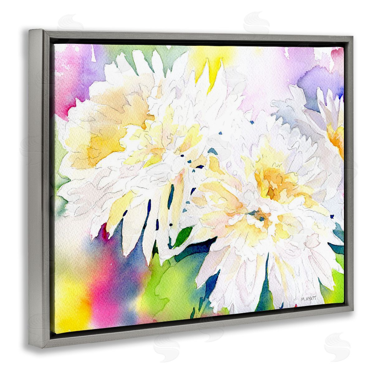 Melissa Hyatt White Mum Florals over Rainbow Watercolor Gray Floater Frame Canvas Art