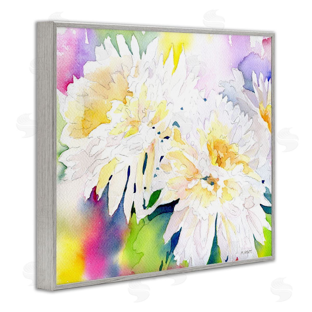 Melissa Hyatt White Mum Florals over Rainbow Watercolor Gray Framed Giclee Wall Art